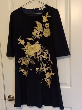 Navy Dress with Gold Floral Embroidery
